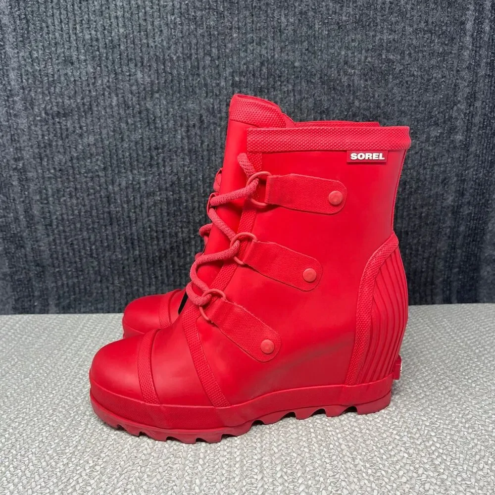 NEW Sorel Joan Rain Wedge Rubber Boots Red Lace Up Womens 7.5 NL2442-622